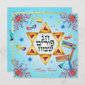 Happy Purim Festival Hamantaschen & Gragger Hebrew Feestdagenkaart (Voorkant / Achterkant)