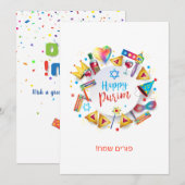 Happy Purim Festival Hamantaschen & Gragger Hebrew Feestdagenkaart (Voorkant / Achterkant)