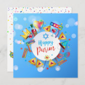 Happy Purim Festival Hamantaschen & Gragger Hebrew Feestdagenkaart (Voorkant / Achterkant)