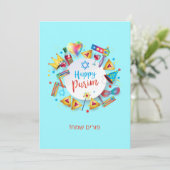 Happy Purim Festival Hamantaschen & Gragger Hebrew Feestdagenkaart (Staand voorkant)