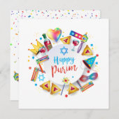 Happy Purim Festival Hamantaschen & Gragger Hebrew Feestdagenkaart (Voorkant / Achterkant)