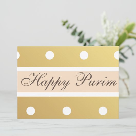 Happy Purim Flat Wenskaart Gold Polka Dots Feestdagenkaart (Staand voorkant)
