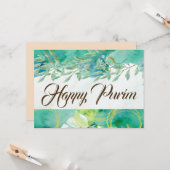 Happy Purim Flat Wenskaart Waterverf Groen Kaart (Voorkant / Achterkant in situ)