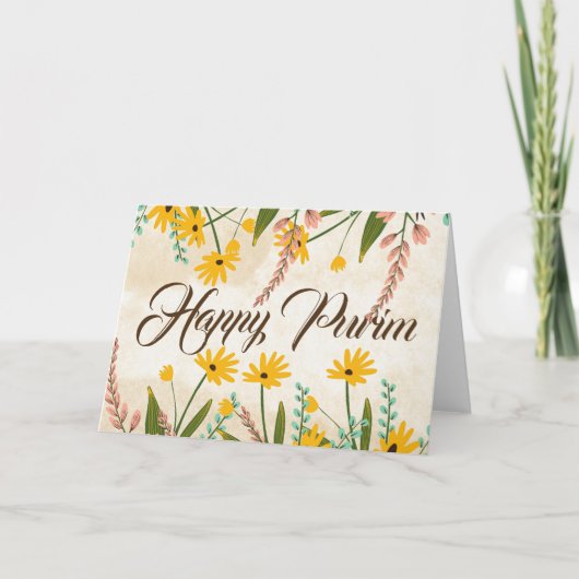 Happy Purim Folded Wenskaart Floral Yellow Kaart (Voorkant)