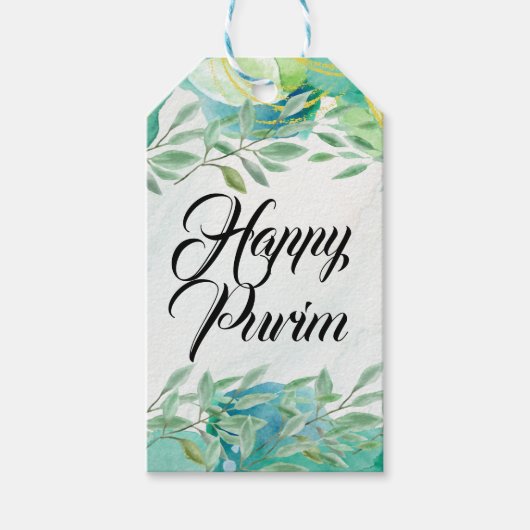 Happy Purim Gift Label Waterverf Green Gold Cadeaulabel (Voorkant)