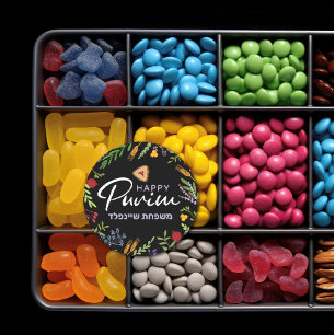 Happy Purim Hebreeuwse naam Bloemenlabel op zwart Ronde Sticker