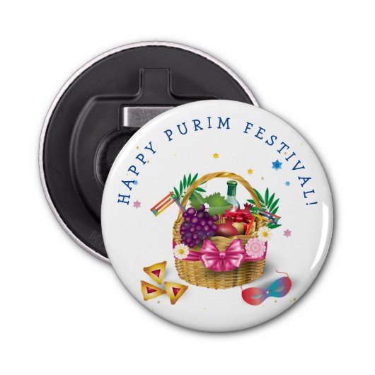 Happy Purim-mandjes, decoratie, Ornamenten Button Flesopener (Voorkant)