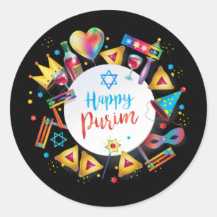 Happy Purim-mandjes, decoratie, Ornamenten Ronde Sticker