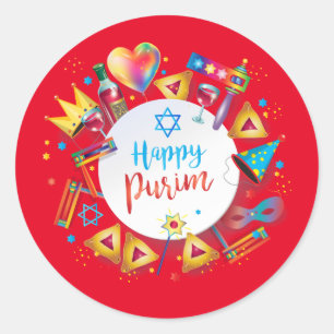 Happy Purim-mandjes, decoratie, Ornamenten Ronde Sticker