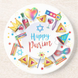 Happy Purim-mandjes, decoratie, Ornamenten Zandsteen Onderzetter