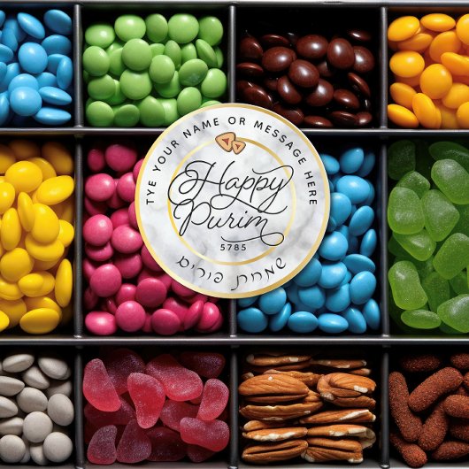 Happy Purim Marble & Gold Script Classic LARGE Ronde Sticker