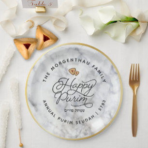 Happy Purim Marble & Gold Script Classic Round Sti Papieren Bordje