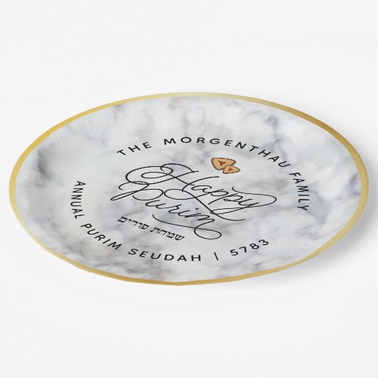 Happy Purim Marble & Gold Script Classic Round Sti Papieren Bordje (Gekanteld)