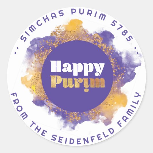 Happy Purim Paars gepersonaliseerd monogram Klassi Ronde Sticker (Voorkant)