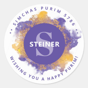 Happy Purim Paars Gepersonaliseerd Monogram Ronde Sticker
