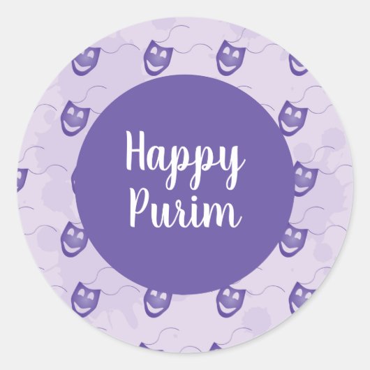Happy Purim - Paarse blije grappige maskerpatroon Ronde Sticker (Voorkant)