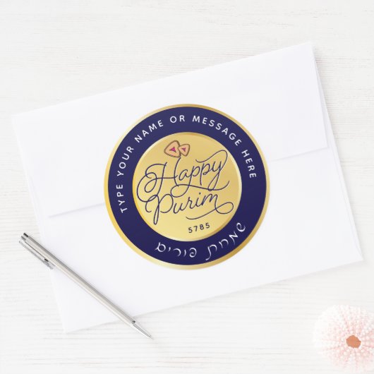 Happy Purim Paarse & Gold Script Classic GROOT Ronde Sticker (Envelop)