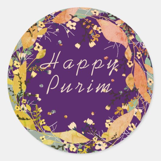 Happy Purim Pas bladkrans aan Ronde Sticker (Voorkant)