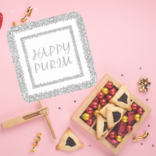 Happy Purim Silver Glitter Mishloach Manot Vierkante Sticker