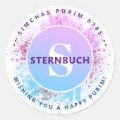 Happy Purim Waterverf Glitter Blue Monogram Clas Ronde Sticker (Voorkant)