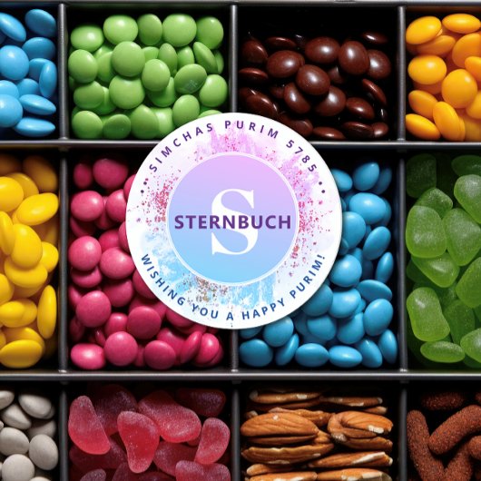 Happy Purim Waterverf Glitter Blue Monogram Clas Ronde Sticker