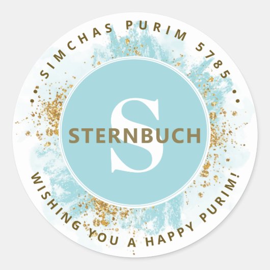 Happy Purim Waterverf Glitter Blue Monogram Ronde Sticker (Voorkant)