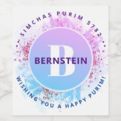 Happy Purim Waterverf Glitter Blue Monogram Wijn Etiket (Enkel label)