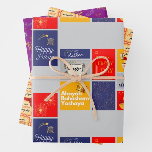 Happy Purim Wrapping Paper Flat Sheet Set van 3 (In situ)