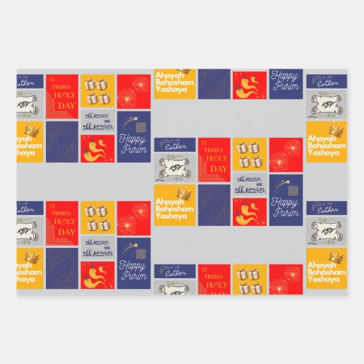 Happy Purim Wrapping Paper Flat Sheet Set van 3 (Voorkant)