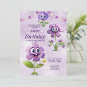 Happy Purple Flowers Verjaardagsfeestuitnodiging Kaart (Staand voorkant)