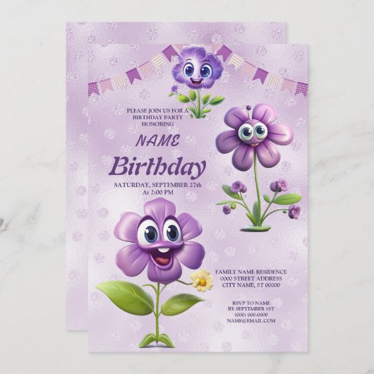 Happy Purple Flowers Verjaardagsfeestuitnodiging Kaart (Voorkant / Achterkant)