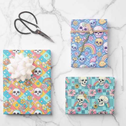 Happy Rainbow Flower Skull Gothic Kleurrijk Inpakpapier Vel (Voorkant)