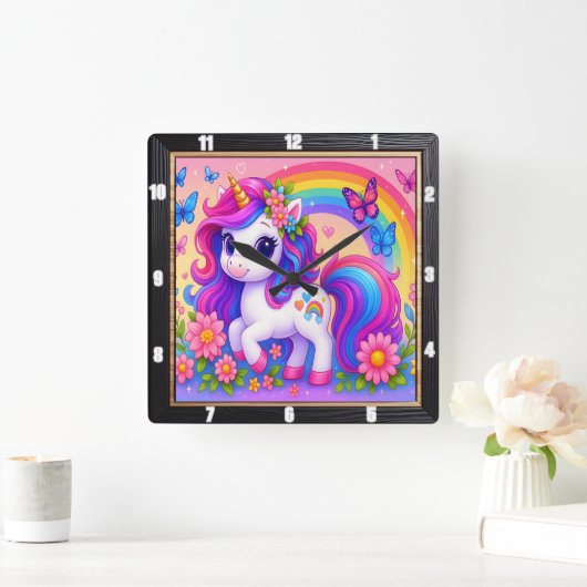 Happy Rainbow Unicorn Bloemen Vierkante Klok (Huis)