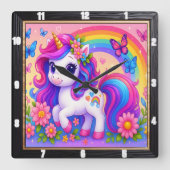 Happy Rainbow Unicorn Bloemen Vierkante Klok (Voorkant)