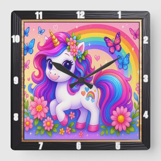 Happy Rainbow Unicorn Bloemen Vierkante Klok (Voorkant)