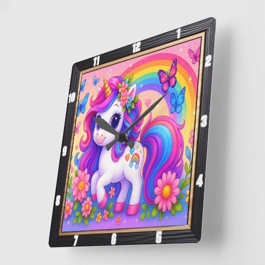 Happy Rainbow Unicorn Bloemen Vierkante Klok (Hoek)