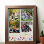 Happy Raising Wildflower 4 Fotocollage Goud Folie Afdrukken<br><div class="desc">Luxe gouden print met kleurrijke wildflower rand en 4 van je favoriete foto's. Uw afbeeldingen worden automatisch weergegeven in vierkant formaat met afgeronde hoeken om de fotocollage te vormen. "Happy Raising Wildflower" is bedrukt met een gouden casual handgeschreven schrift, boven een rand van wilde bloemen op een zacht groene basiskleur....</div>