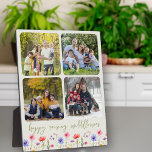 Happy Raising Wildflower 4 Fotocollage Groen Fotoplaat<br><div class="desc">Foto Collage ezel plaque met kleurrijke wilde bloem rand en 4 van uw favoriete foto's. Uw afbeeldingen worden automatisch weergegeven in vierkant formaat met afgeronde hoeken om de fotocollage te vormen. "Happy Raising Wildflower" is geschreven in een groen casual handgeschreven schrift, boven een rand van wilde bloemen op een zacht...</div>