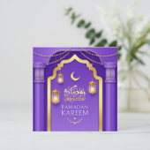 Happy Ramadan Mubarak Gold Crescent Paars Feestdagenkaart (Staand voorkant)