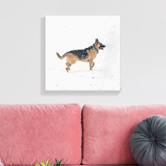 Happy redcued German Shepherd Dog in Snow Canvas (Insitu (Woonkamer))