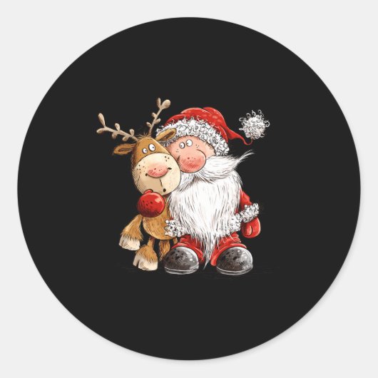 Happy Reindeer And Santa Christmas Illustration Pr Ronde Sticker (Voorkant)