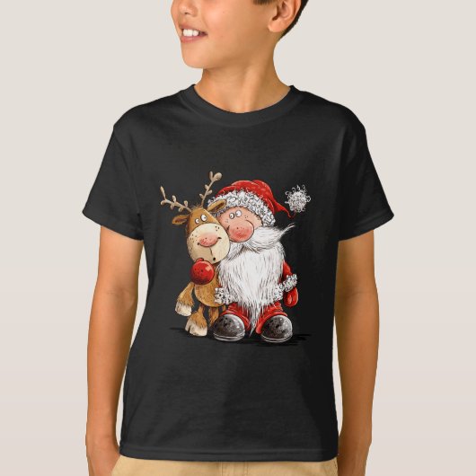 Happy Reindeer And Santa Christmas Illustration Pr T-shirt (Voorkant)