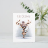 Happy reindeer holds hot mug, Christmas Briefkaart (Staand voorkant)