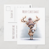 Happy reindeer holds hot mug, Christmas Briefkaart (Voorkant / Achterkant)