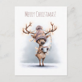 Happy reindeer holds hot mug, Christmas Briefkaart