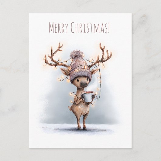 Happy reindeer holds hot mug, Christmas Briefkaart (Voorkant)