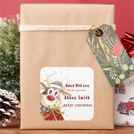 Happy Rendier Kerstkoekjes Snoep & Traktaties Vierkante Sticker (Feestdagen)