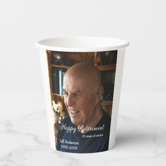 Happy retirement add name photo years of service r papieren bekers (Voorkant)
