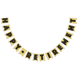 HAPPY RETIREMENT BANNER, zwarte tekst op oud goud Vlaggetjes