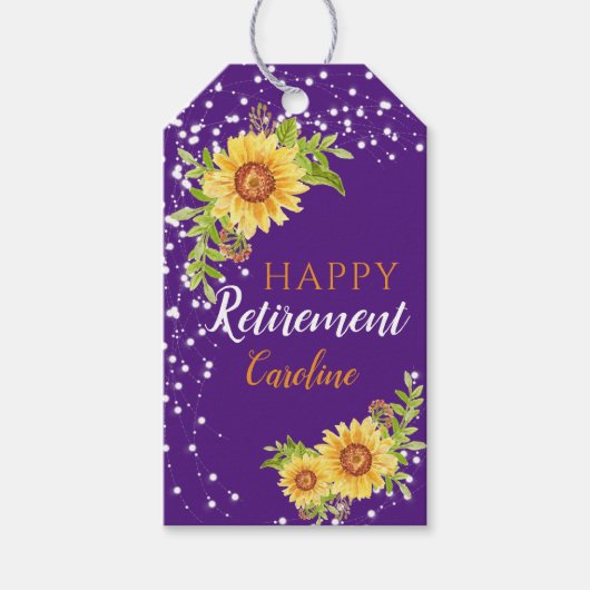 Happy Retirement Bloemen Zonnebloem Paarse Cadeaulabel (Voorkant)
